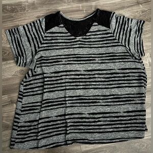 Rounded V-Neck Top Crochet Lace Back Yoke & Shoulders 3X Short Sleeves A-Line